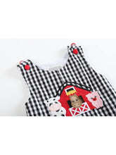 Load image into Gallery viewer, Black Gingham Barn Scene Overalls