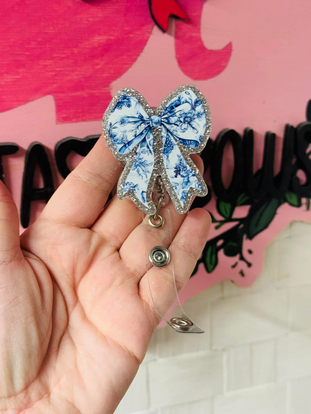 Blue floral badge reel