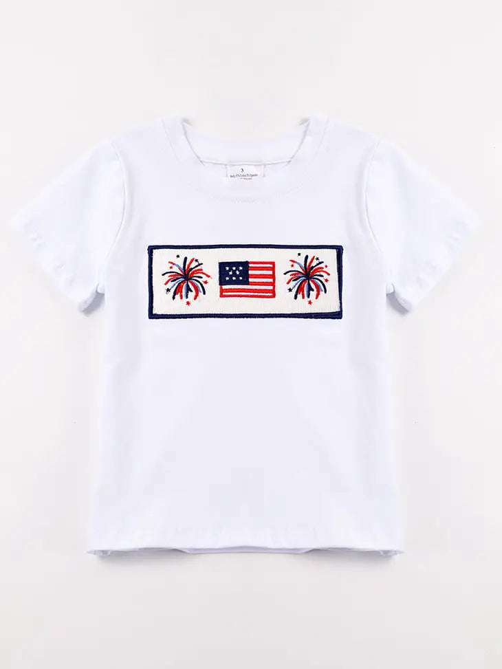 White flag smocked boy top