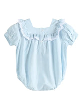 Load image into Gallery viewer, Light Blue Cotton Ruffle Bubble Baby Romper
