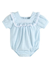 Load image into Gallery viewer, Light Blue Cotton Ruffle Bubble Baby Romper
