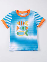 Load image into Gallery viewer, Honeydew Blue stripe fish applique boy top
