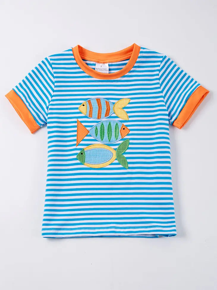 Honeydew Blue stripe fish applique boy top